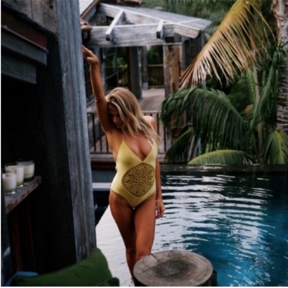 Frankie’s Bikinis Poppy One Piece Crochet Swimsuit Yellow Gold Rope Tie - Picture 11 of 12